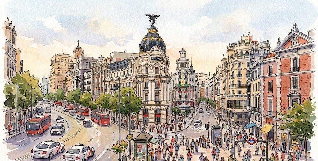 Watercolour of a busy avenue with a domed corner building and red buses