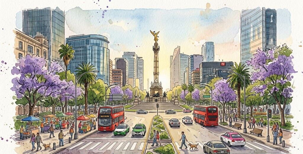 Watercolour of a wide boulevard lined with purple-flowering trees and a golden column
