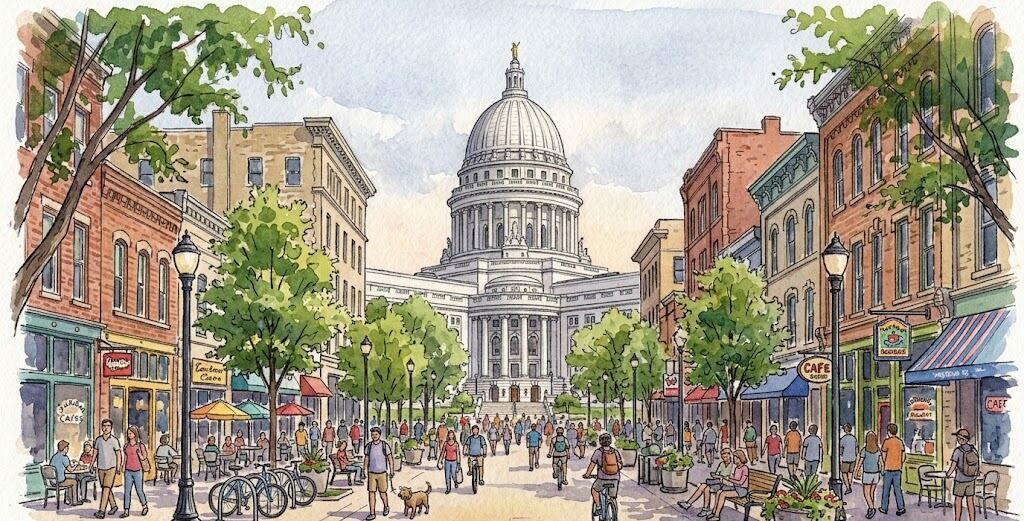 Watercolour of a street of brick shops leading to a domed capitol