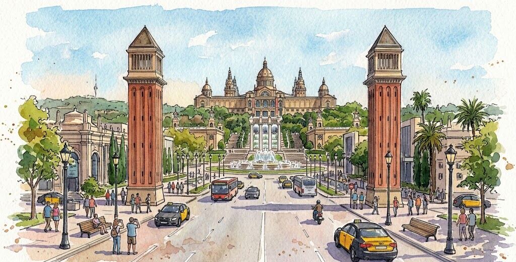 Watercolour of two brick towers framing a fountain and a palace on a hill