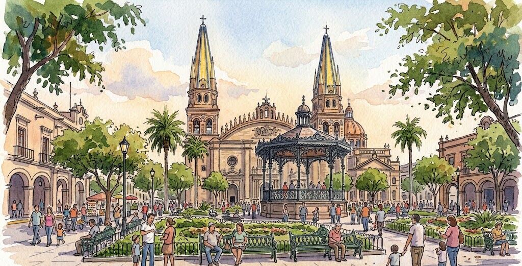 Watercolour of a cathedral square with a bandstand and families on benches