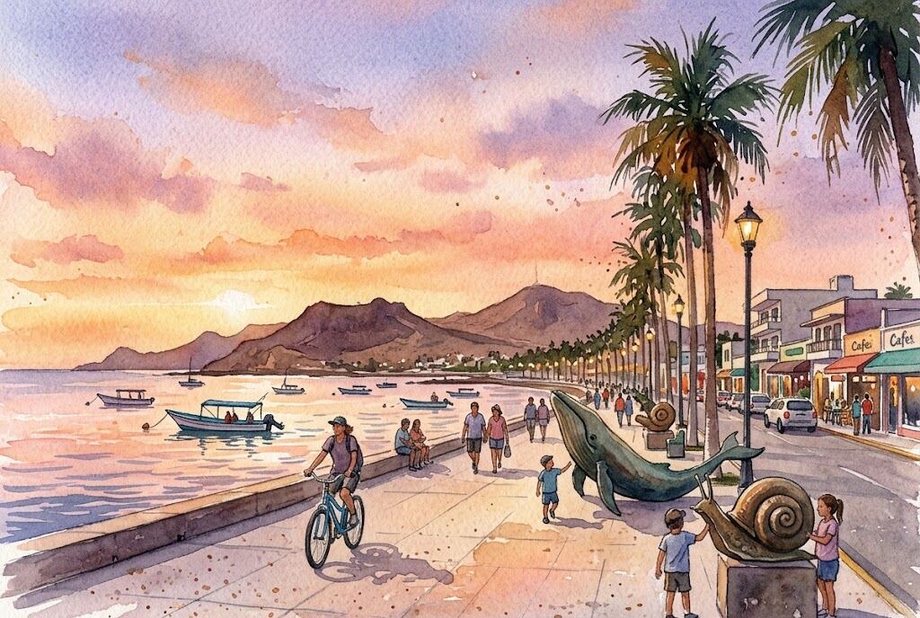 Watercolour of a seaside promenade at dusk, with palms and a cyclist