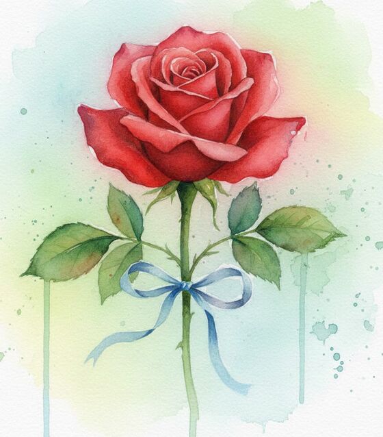 Watercolour of a single red rose tied with a blue ribbon
