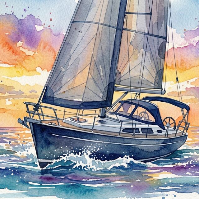 Watercolour of a sailboat heeling under full sail at sunset