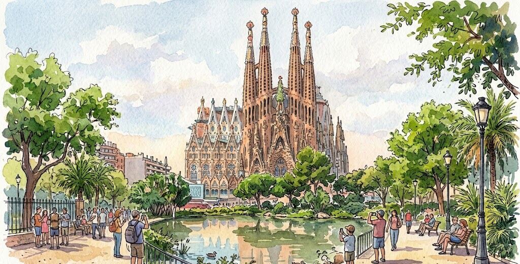 Watercolour of a basilica with tall spires reflected in a pond