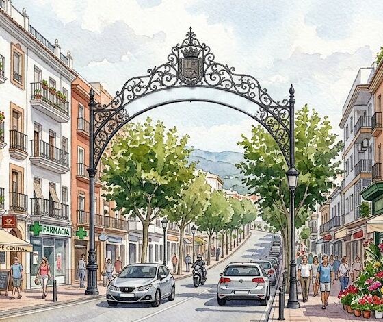 Watercolour of a tree-lined avenue entered through a wrought-iron arch, with balconies full of flowers